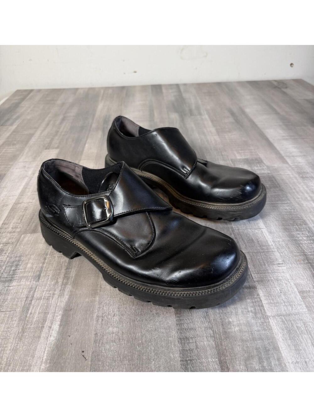 Skechers Mens Size 13 Black Leather Y2K Chunky Buckle Strap Moto Goth Platform